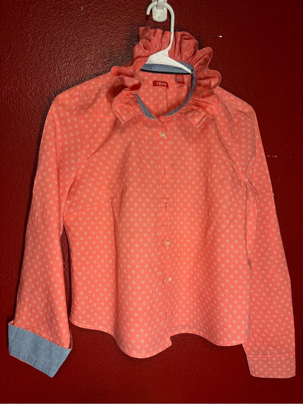 Upcycled/Reloved Izod Coral Printed Ruffle Collar Shirt